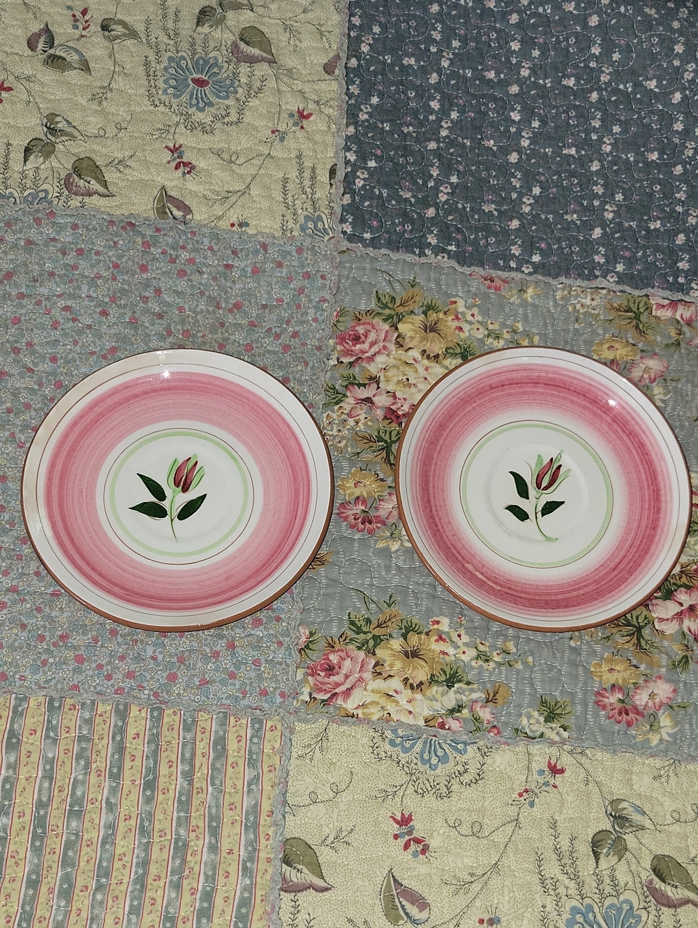 Vintage Stangl Pottery Wild Rose Saucer Plates Set of 2 Mid Century Pink Green